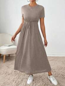 Vestido midi con cordón en la cintura, bolsillo lateral, ropa de regreso a la escuela, ropa de mujer para otoño, atuendos de maestra, vestido de despedida de soltera, vestidos casuales de mujer, vestidos midi de mujer, vestidos de trabajo de mujer, vestidos de otoño para mujer, vestidos maxi de mujer, disfraz de Halloween, vestido casual de negocios, vestidos de verano para mujer - Marrón Mocha - Ver 5