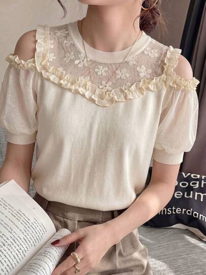 2026 Summer New Arrival Gentle Ruffled Off-Shoulder Knit Sweater Women, Mesh Puff Sleeve Short Sleeve Top Suitable For Dates And Commuting