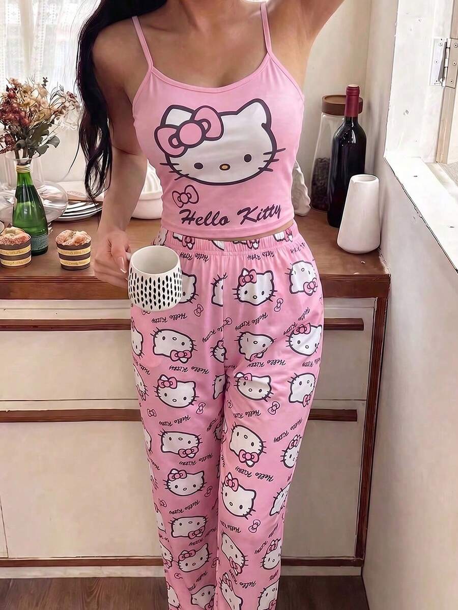 SANRIO Girly Hello Kitty Print Camisole + Long Pants Loungewear Set, Soft & Stretchy Fabric, Comfortable 2 Pieces Set Suitable For Home Sleep / Casual Relaxation / Light Outings - Watermelon Pink - View 1