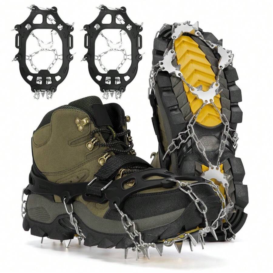 1 Pair 24 Spikes Crampons Anti Slip Ice Cleats For Shoes Boots Traction Grip With Stainless Steel Spikes Silicone For Hiking Walking Winter Outdoor Safety Gear - X-Large - View 1