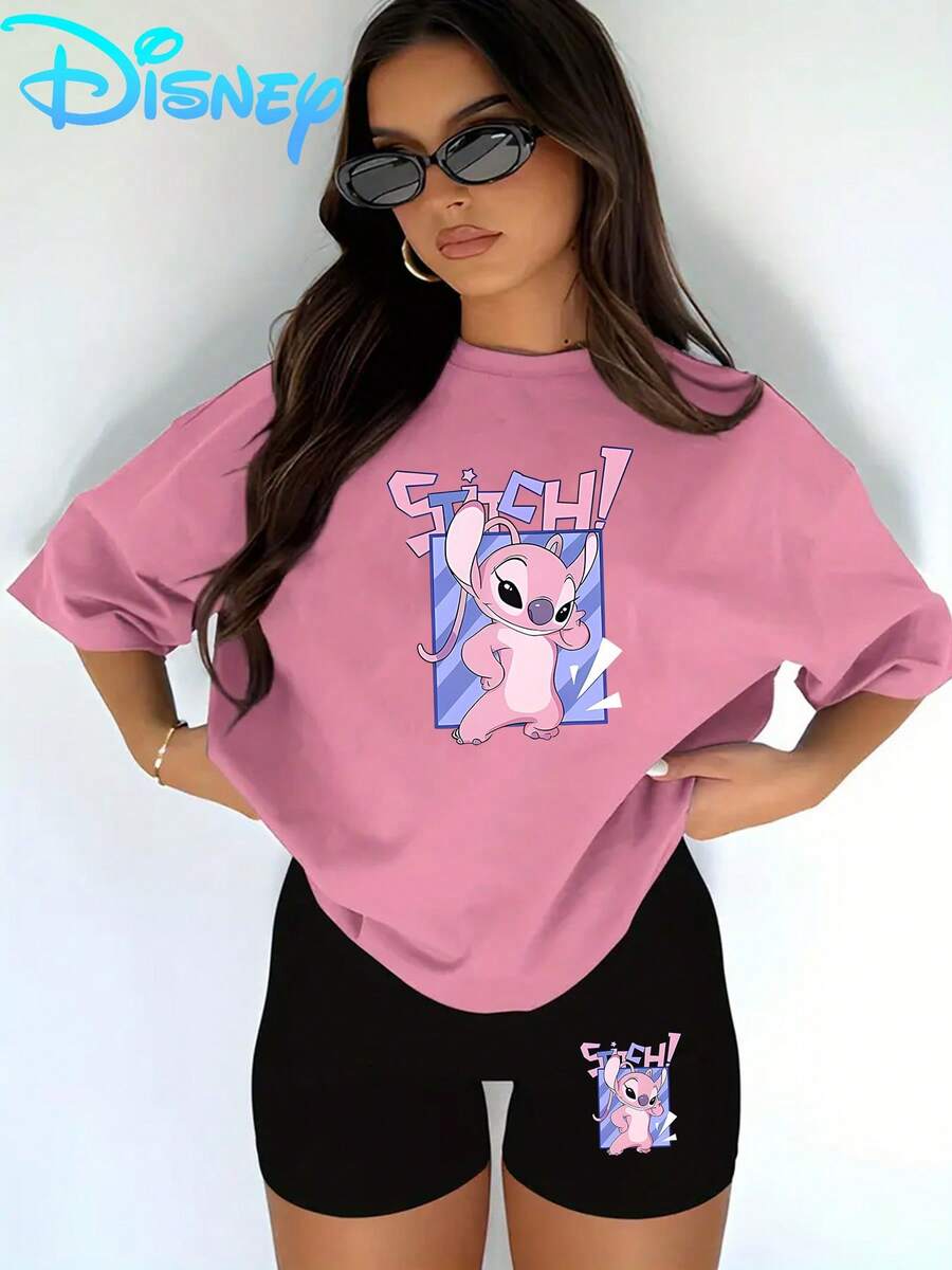 Lilo & Stitch "Angel Retro Stitch!" T-Shirt & Biker Shorts Setwomen's Casual T-Shirt And Yoga Pants Set, Perfect For Summer Travel And Relaxing At Home. Disney Licensed Stylish, Soft, And Comfortable Sportswear Set. - 粉色 - 查看 1