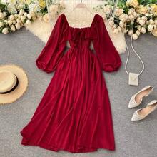 Vestido de Mujer Estilo Chic y Elegante, Moda Otoñal, Retro, Cuello Cuadrado, Manga Abullonada, Falda de Gasa, Cintura Alta, ... - Rojo - Ver 1