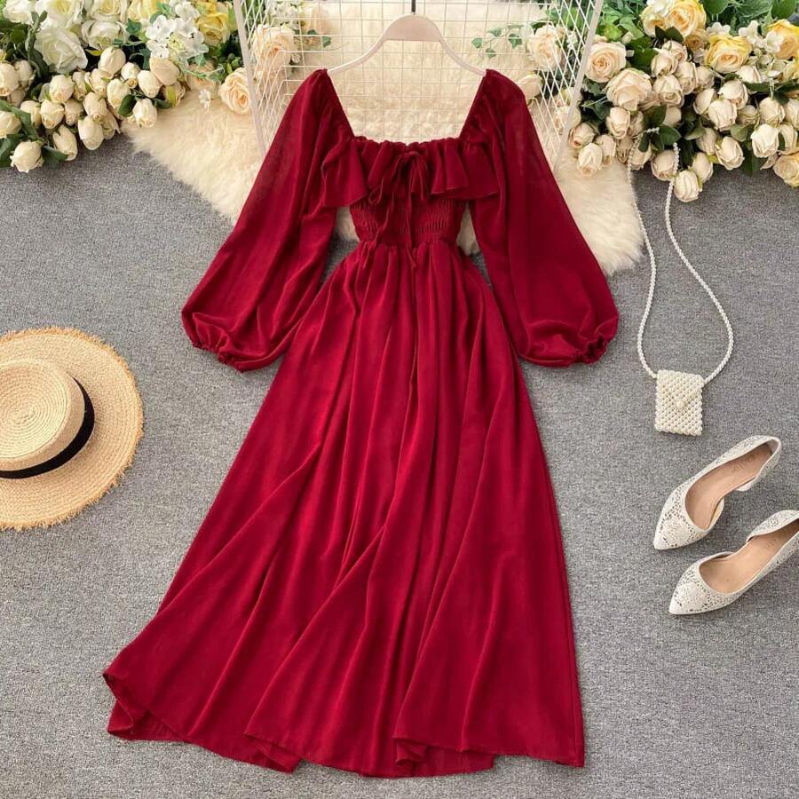 Vestido de Mujer Estilo Chic y Elegante, Moda Otoñal, Retro, Cuello Cuadrado, Manga Abullonada, Falda de Gasa, Cintura Alta, ... - Rojo - Ver 1