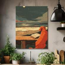 Pintura Decorativa Plana 2D, 2D Plano, 2D Plano, 1 pieza, Sin Marco, Multi- Opcional, Póster de Golden Retriever Leyendo a Noche, Arte de Pared Caprichoso de Animales Oceánicos al Lucir de la Luna, Regalo Único para Amantes de los Perros, Póster Creativo Imaginativo - Enmarcado - Ver 4