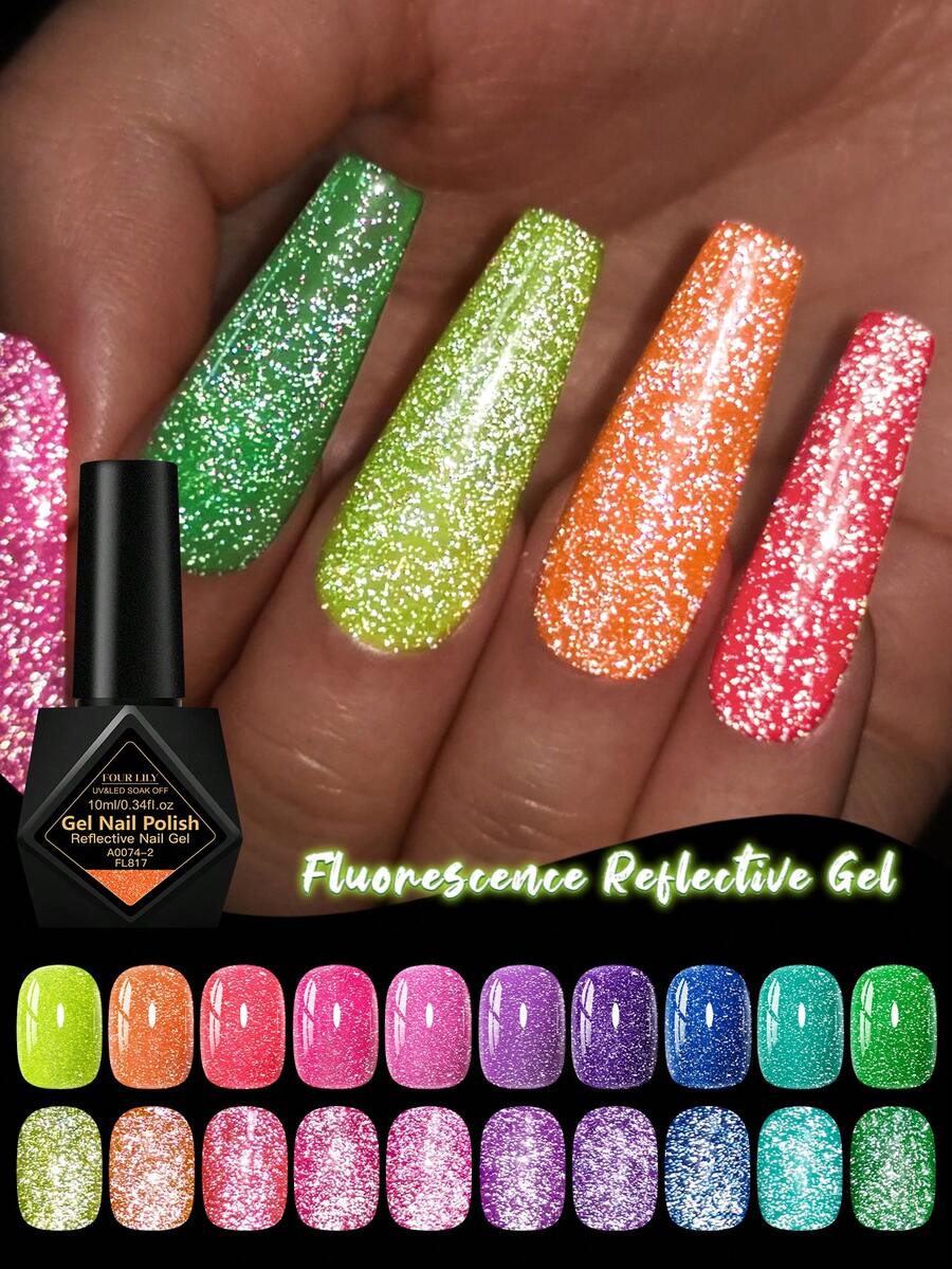 FOUR LILY 10pcs Fluorescent Reflective Glitter Gel Nail Polish Set, 10ml Fluorescent Color Sparkling Glitter Dark Laser Gel Nail Polish, Suitable For Summer Manicure, Semi-Permanent Soak-Off UV Gel Nail Polish, Nail Art DIY Home And Salon Supplies - 彩色 - 查看 1