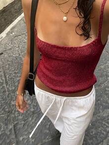 Meijia 女款性感可愛亮面針織細肩帶上衣，露背夏季金色度假夜店街頭派對穿搭 - 酒紅色 - 查看 5