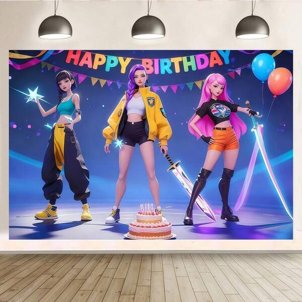 1 bộ banner trang trí bánh kem phong cách Hàn Quốc chủ đề nhóm nhạc nữ K-Pop, phông nền trang trí tường sang trọng cho các bữa tiệc sinh nhật quy mô lớn và các buổi tiệc theo chủ đề âm nhạc.