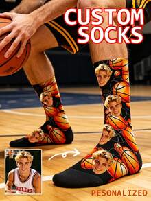 1 Pair Customized Socks, Face Customization Socks, Sports, Running, Basketball, Fun Socks, Photo Customization Socks, Family Socks, Bedroom Use, Holiday Gift - Multicolor - View 1