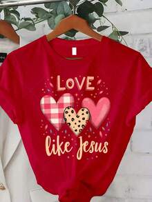 Women's 1 Piece Graphic Print T-Shirt, 100% Cotton, Comfortable, Breathable, Cool, Casual Style, Plus Size - Women's Plus Size T-Shirt With Christian Faith Print - Colorful Hearts And Crosses Print, Inspirational Bible Verse, Round Neck, Short Sleeve, Ideal For Valentine's Day, Easter, Christmas Gifts - Short Sleeve Round Neck T-Shirt For Daily Summer Wear, Suitable For Spring, Summer And Autumn. - 紅色 - 查看 7