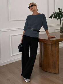 Blusa de punto de cuello barco de unicolor, ajustada, de manga corta, casual y elegante para mujer, otoño/invierno - Gris Oscuro 2 - Ver 3