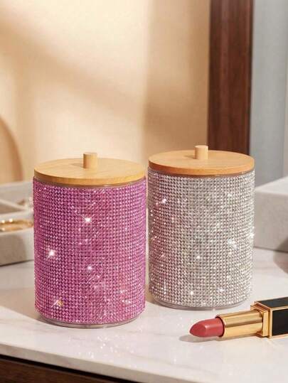 Cylindrical Bamboo Lid Plastic Rhinestone Storage Box, Dual-Compartment Round Transparent Makeup Organizer Box, Modern Vanity Desk Storage Box With Lid, Bathroom Vanity Organizer For Makeup Brushes, Lipsticks, Beauty Tools