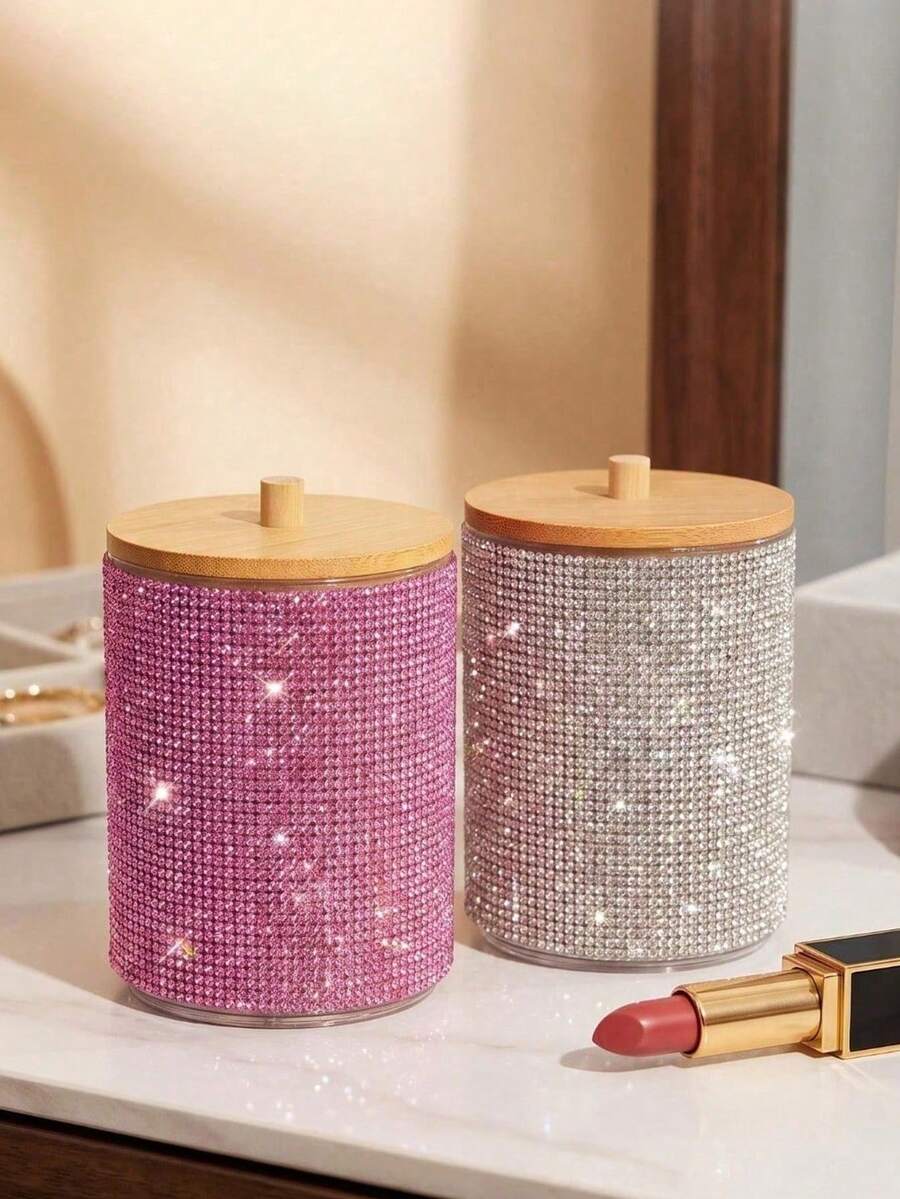 Hộp đựng đồ trang điểm hình trụ có nắp tre và đính đá, hộp đựng đồ trang điểm tròn trong suốt hai ngăn, hộp đựng đồ trang điểm hiện đại có nắp đậy, hộp đựng đồ trang điểm phòng tắm dùng để đựng cọ trang điểm, son môi và dụng cụ làm đẹp. - Nhiều màu - Xem 1