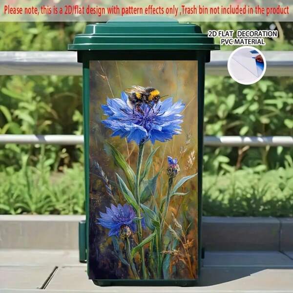 1 miếng nhãn dán thùng rác tự dính 2D, kích thước 14.57 X 32.28 inch, họa tiết ong xanh & hoa, phù hợp cho thùng rác, tường và trang trí nhà bếp