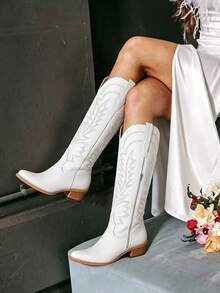 Vintage Western Cowboy Knee High Boots Women Fashion Embroider Chunky Heels Pointed Toe Side Zipper Classic Retro Tall Cowgirl Boots - 白色 - 查看 8