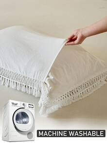 1pc Striped Cutout Tassel Decorative Pillow Case, Bohemian Style White & Khaki Throw Pillow Cover Suitable For Sofa, All Seasons, Home Decor, Soft & Breathable, Machine Washable, Great Gift, Pillow Insert Not Included - Khaki - View 6