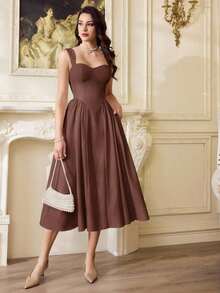 Elegante vestido vintage para mujer con bolsillos, vestido casual blanco para fiesta de té, vacaciones de verano, vestido formal, corsé, cumpleaños, invitada de boda. - Marrón Mocha - Ver 8