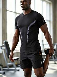 Men's Summer Cool Elastic Ice Silk Short Sleeved Ice Silk Quick Drying Sports Shorts Set Suitable For Fitness Running Training Outdoor Running Wear - Black - View 4