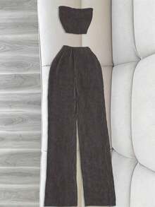 Conjunto de top sin tirantes elegante y pantalones casuales pitillo de punto elástico para mujer, adecuado para fiesta y gimnasio - Gris Oscuro - Ver 2