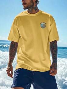Men's Casual Beach Surfing Printed Short Sleeve T-Shirt, Suitable For Summer, Comfortable & Breathable, Leading Fashion - Yellow - View 4