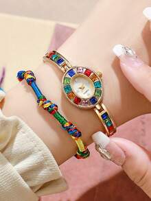 2pcs/Set Women's Luxury Colorful Crystal Quartz Bracelet Watch + Colorful Braided Bracelet, Watch Not Included - Gold - View 1