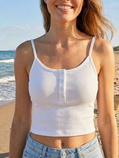 1 pezzo Canotta da donna, scollo a U/spalline sottili, senza maniche, maglia a costine con bottoni davanti, casual per uso quotidiano/abbigliamento da casa, bianco