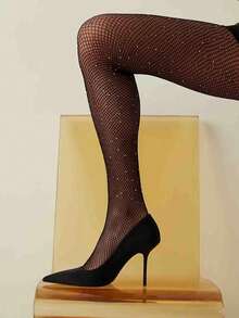 1pc Women's Rhinestone Fishnet Tights, Suitable For Dates, Parties, Mini Skirts And High Heels - Black - View 3