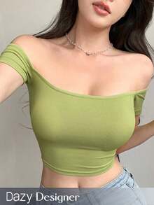 Designer Camiseta ajustado verde de hombros caídos para mujer, top corto para mujer, top de hombros descubiertos - Verde - Ver 1