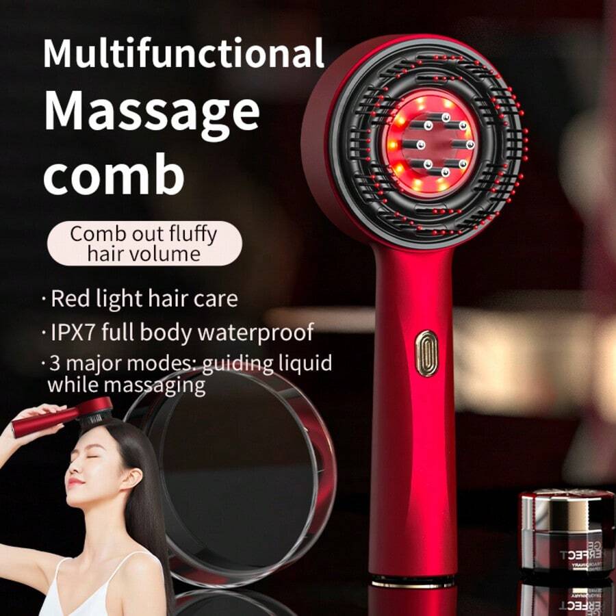 630nm Red Light Massage Comb, 3-Mode Liquid Conduction Hair Care Brush, 5W 1400mAh 3.7V IPX7 Waterproof Scalp Essence Applicator, Anti-Hair Loss Volumizing Hair Care Device - Red - View 1