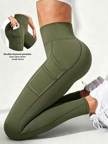 Pantalones de yoga de cintura alta con doble bolsillo, levantamiento y adelgazamiento, mallas de fitness, pantalones ajustados para exteriores, deportes de primavera - Verde militar - Ver 2
