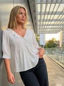 Women's Summer Ruffle V Neck Short Sleeve Blouse - Solid Color With Frog Buttons For Daily  Party - White - View 2
