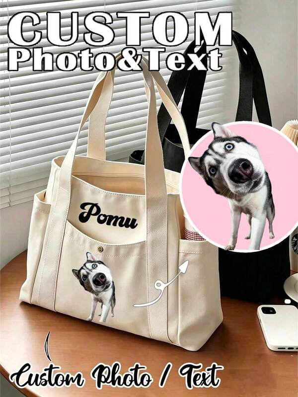 Personalized Pet Photo And Name Tote Bag, Large Capacity Shoulder Bag, Suitable For Work, Travel And School Use. Portable, Multifunctional, Versatile, Lightweight And Practical. Suitable For Anniversary, Holiday/Vacation And Other Occasions. Wide Range Of Uses, Cute, Simple And Fun. Perfect Birthday, Anniversary And Valentine's Day Gift For Pet Lovers.