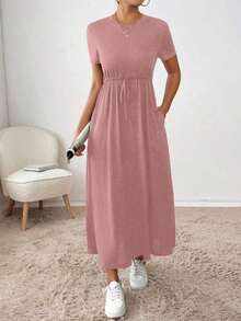 Vestido midi con cordón en la cintura, bolsillo lateral, ropa de regreso a la escuela, ropa de mujer para otoño, atuendos de maestra, vestido de despedida de soltera, vestidos casuales de mujer, vestidos midi de mujer, vestidos de trabajo de mujer, vestidos de otoño para mujer, vestidos maxi de mujer, disfraz de Halloween, vestido casual de negocios, vestidos de verano para mujer - Rosa - Ver 3