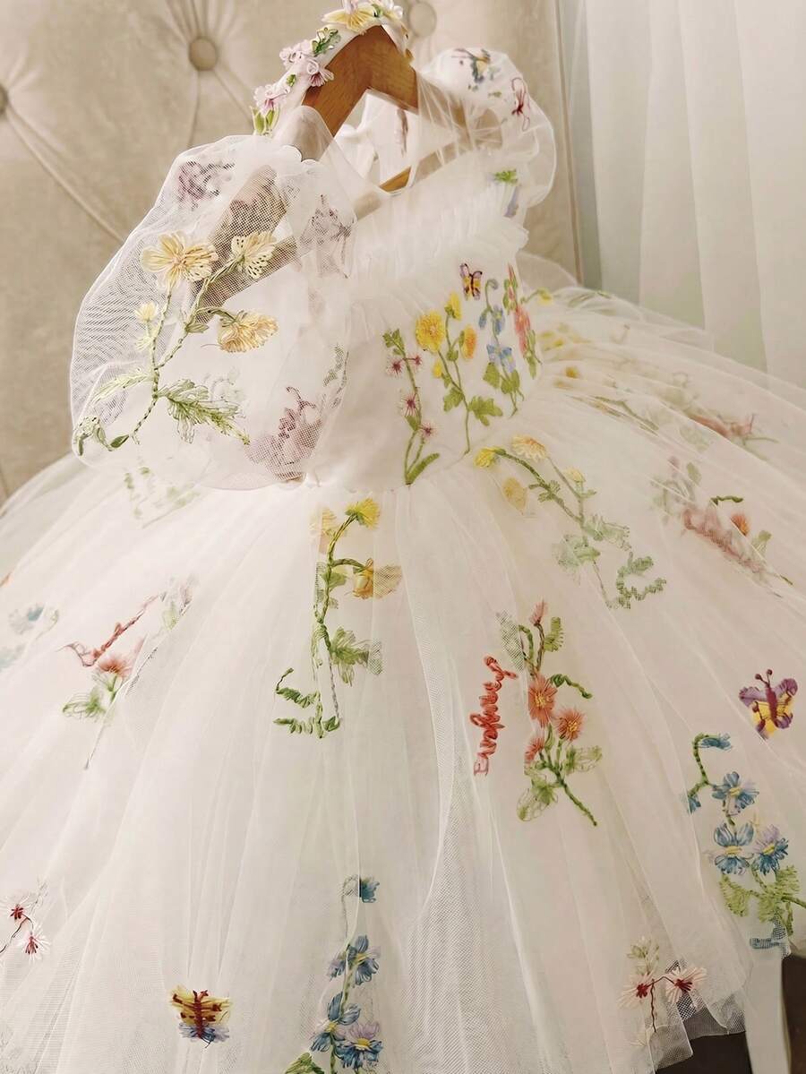 女嬰刺繡花瓣袖露背鏤空網紗公主禮服,適合女孩生日派對、花童、婚禮、重要場合、節日慶祝禮服 - 白色 - 查看 1