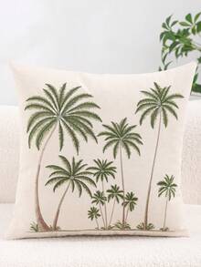 Miater 1pc/2pcs Canvas Embroidered Throw Pillow Cover, Coconut Tree, Floral & Bird Pattern, Fresh Natural Style For Living Room, Bedroom, Sofa, Home Decor, Holiday Gift - Green - View 14