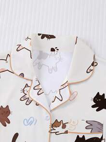 2pcs/Set Women's Pajama Set, Cat Print, Women's Loungewear, Spring/Summer Holiday Outfit, Short Sleeve Top And Shorts Set - Apricot - View 4