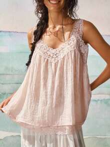 Blusa de uso diario versátil y casual con parches de encaje para mujer - Rosa Pálido - Ver 4