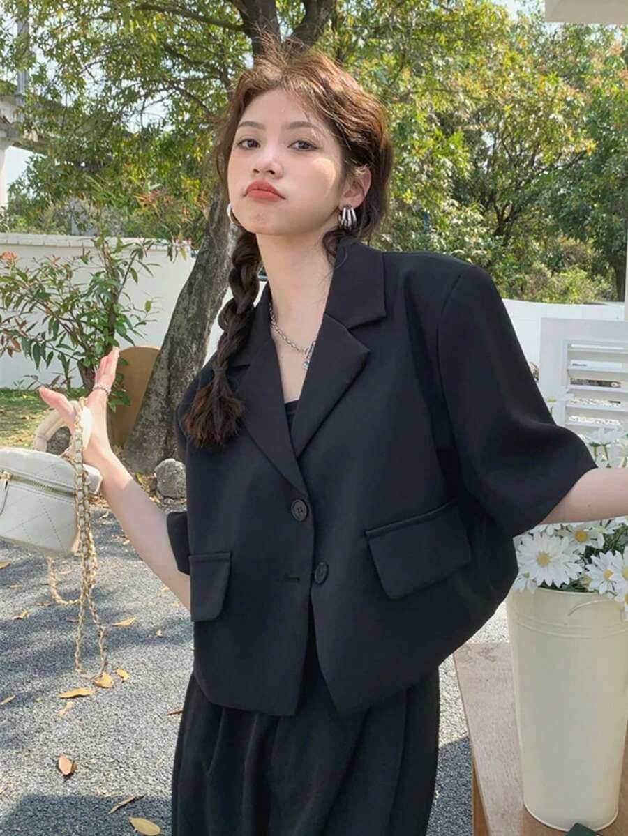 女款優雅短袖黑色西裝外套,韓式垂墜休閒短版夾克,夏季款 - 黑色 - 查看 1