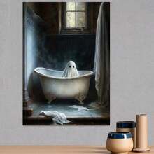 1pc 2D Flat Wooden Framed Canvas Painting - Haunted Bathroom Art, Modern Gothic Wall Decor, Waterproof & Odorless, Ready-to-Hang with Hooks for Living Room, Bedroom, Office, Bar, Bathroom Wall Decor, Home Decoration, Eerie Artwork, Odorless Artwork, Spooky Artwork, Art Collectors, Bedroom Artwork, Dark Aesthetic, Highquality Print, Horror Decor, Horror Fans, 2D Flat, Perfect for Room Decor - Enmarcado - Ver 3