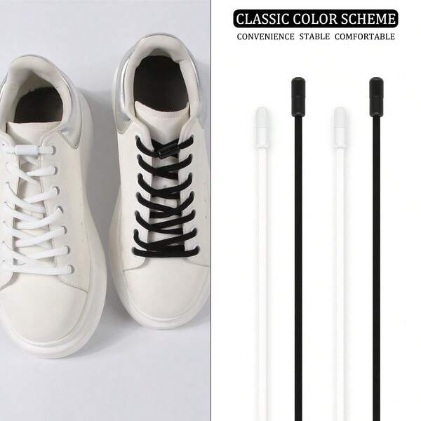 1 Pair - New Classic Black & White No-Tie Shoelaces, Compatible With All Sneakers, Match With Same Series Color Shoelaces, Fashionable And Versatile, Essential Slip-On Tool For Slouchy People.