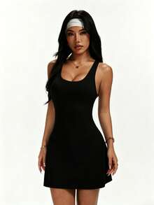 Tender Angel Minimalist Solid Color Sports Dress With Removable Cups, Suitable For Daily Outings, Fitness, Running, Tennis, Anti-Exposure, Ideal For Daily Light Sports Wear - Black - View 5