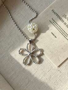 Korean Style Metal Beaded Pearl Flower Long Hollow Flower Pendant Necklace, Lightweight Luxury Sweater Chain For Women - Silver - View 6