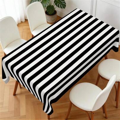 1pc Rectangular Polyester Tablecloth, Black And White Striped Pattern, Single-Sided Printing, Suitable For Tabletop, Washable And Reusable, Applicable For Indoor, Outdoor, Patio, Wedding, Party, Dining, Craft Exhibition, Banquet Decoration