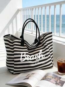 Beach Please 條紋大容量沙灘托特包套組，休閒手柄編織沙灘手提包附拉鍊收納袋，輕便夏季旅行包，適合沙灘旅行、泳池派對、度假與日常購物，可收納泳衣、毛巾、化妝品與沙灘必需品，適合女性、女孩、旅行者與沙灘愛好者，適用於復活節、夏季假期、生日與節日禮物，可作為沙灘包、托特手提包、泳池包與旅行收納包使用 - 彩色 - 查看 13