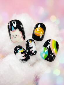 24 piezas de uñas postizas de estilo Y2K para niños, material acrílico, gel precubierto, cobertura total, patrones lindos y brillantes que incluyen elementos cósmicos: planetas, cometas, pentagramas, arcoíris, creando un cielo estrellado caprichoso, figuras de unicornio redondas y lindas en poses frontales y en movimiento, llenas de encanto infantil, pegatinas de uñas cortas, ideal para niñas pequeñas - Tema de unicornio cósmico soñador - Multicolor - Ver 3