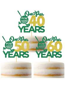 1 pieza Decoración para pastel de golf con brillo verde y dorado "Par for 40/50/60 años", decoración de pastel de cumpleaños con tema de golf para hombres, papá, esposo, abuelo, suministros para fiesta de 40, 50 y 60 cumpleaños y jubilación - Ver 1