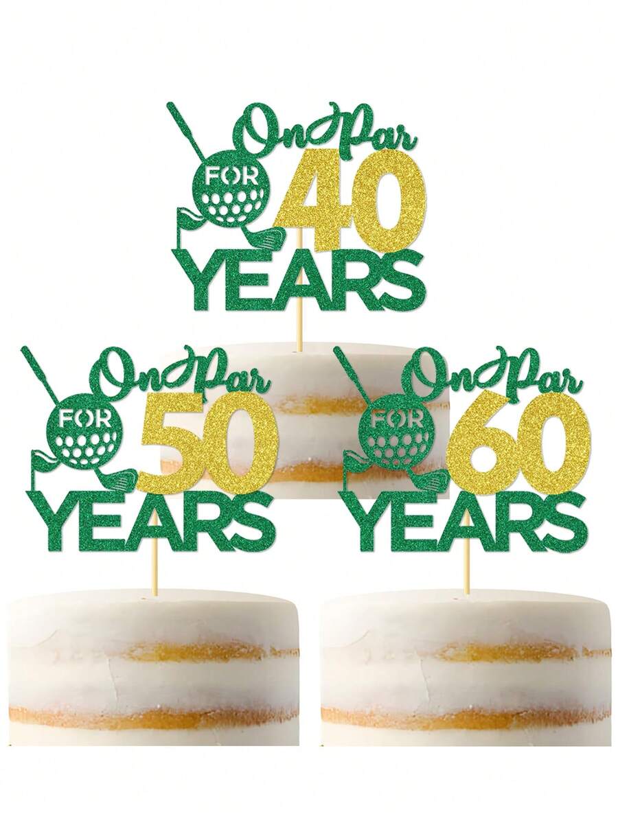 1 pieza Decoración para pastel de golf con brillo verde y dorado "Par for 40/50/60 años", decoración de pastel de cumpleaños con tema de golf para hombres, papá, esposo, abuelo, suministros para fiesta de 40, 50 y 60 cumpleaños y jubilación - Ver 1
