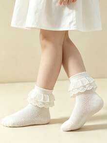 5 Pasang Kaos Kaki Dansa Katun Bernapas Berbahan Jala Warna Polos untuk Anak Perempuan, Kaos Kaki Kasual Gaya Putri dengan Hiasan Renda untuk Balita - MultiWarna - View 6