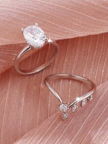 2pcs Elegant Classic Shiny Oval Synthetic Cubic Zirconia Couple Rings Set, Fashionable Geometric V-Shape Design, Suitable For Wedding, Engagement, Proposal, Valentine's Day, Birthday, Anniversary Gift - Silver - View 1