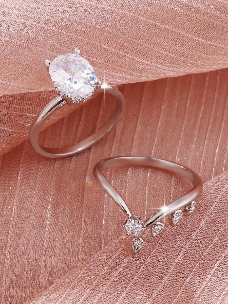 2pcs Elegant Classic Shiny Oval Synthetic Cubic Zirconia Couple Rings Set, Fashionable Geometric V-Shape Design, Suitable For Wedding, Engagement, Proposal, Valentine's Day, Birthday, Anniversary Gift - Silver - View 1