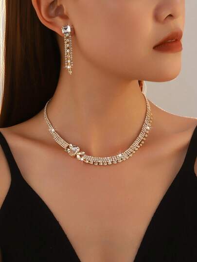 Luxury Crystal Bridal Jewelry Set, 2Pcs Gold Tone Anti-Allergy Necklace & Long Tassel Earrings For Prom & Banquet